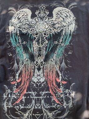 Winged Cross Graphic Tee with Teal and Coral Accents
